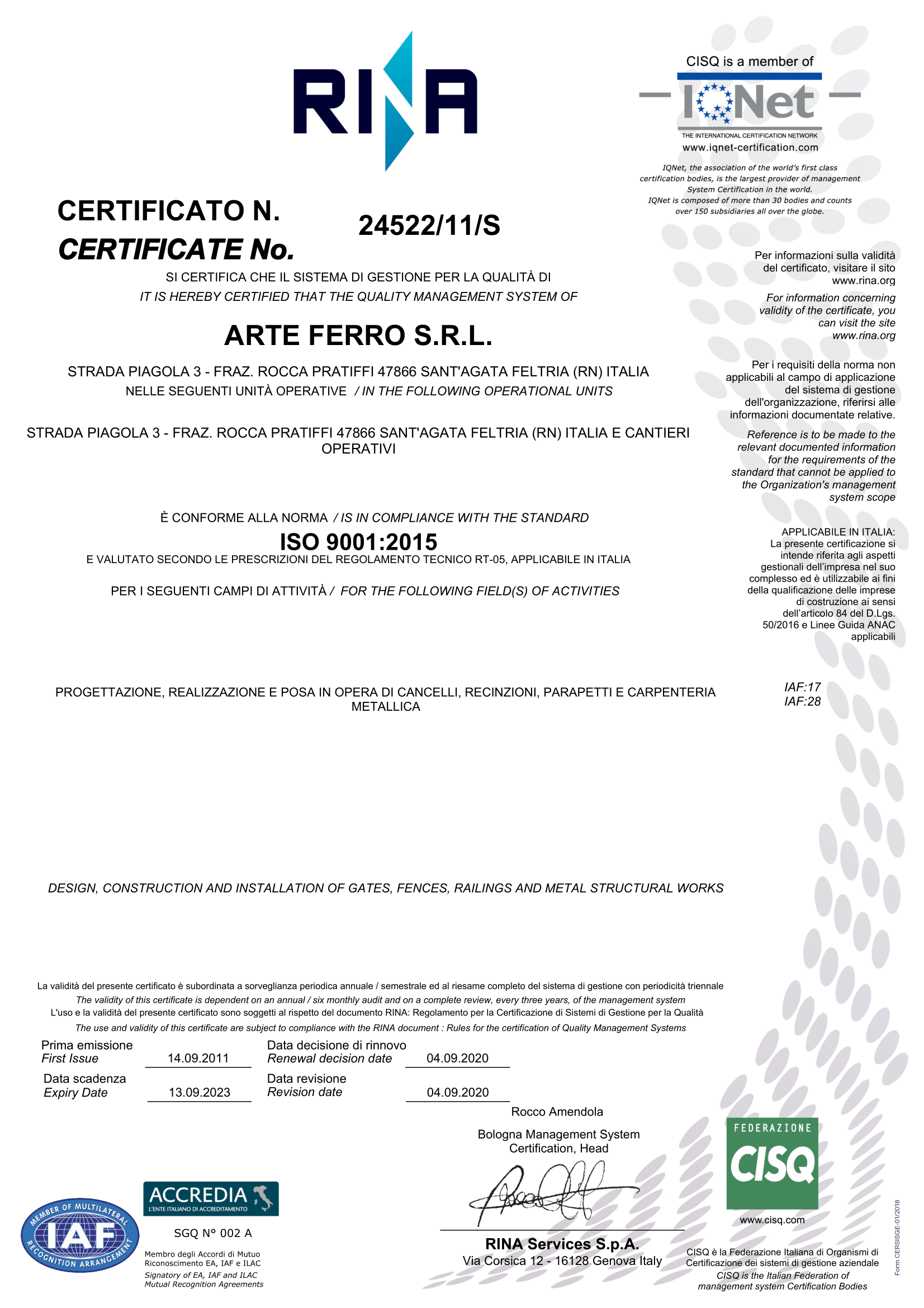 Copia certificazione sistema di gestione della qualità